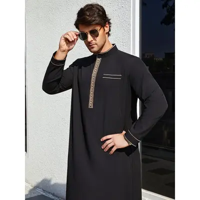 Elegant Men's Light Blue Embroidered Golden Stand-Up Collar Islamic Arabian Kaftan Dress - Long Sleeve, Loose Fit, Polyester,...