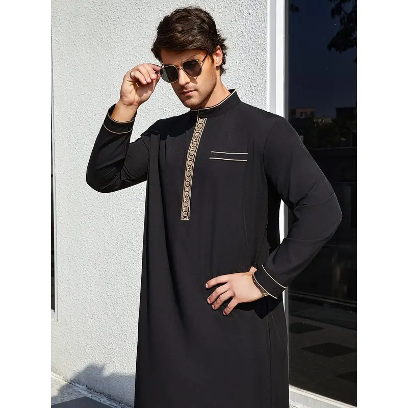 Elegant Men's Light Blue Embroidered Golden Stand-Up Collar Islamic Arabian Kaftan Dress - Long Sleeve, Loose Fit, Polyester,...