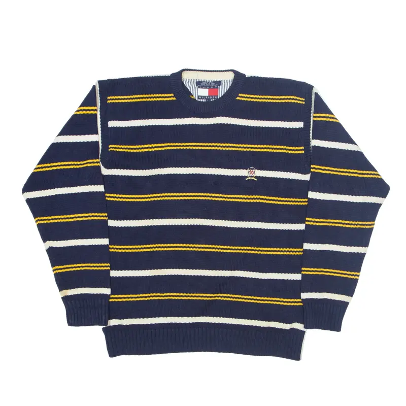 TOMMY HILFIGER Heavy Knit Jumper Blue Striped Tight Knit Mens L
