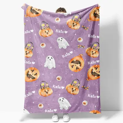 Custom Name Purple Pumpkins Ghost Halloween Blanket