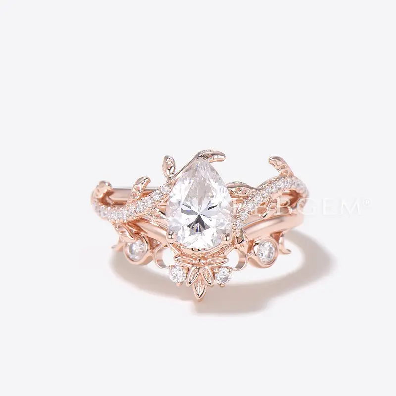 Teardrop Lab Grown Diamond Leaf Engagement Ring Set IGI Certified Diamond Ring