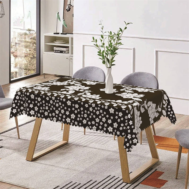 Brown White Drawing Flower Leaf Rectangle Tablecloth - Aperturee