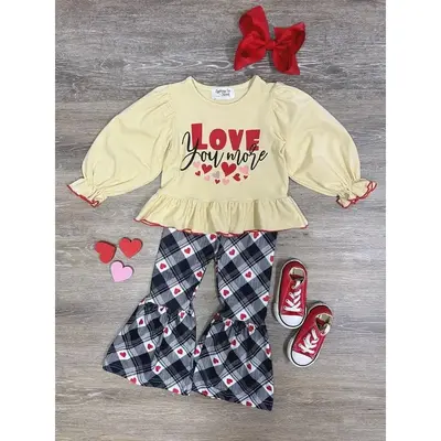 Love You More Plaid Heart Puff Sleeve and Bell Bottom Pants Girls or Toddler Valentine's Day Outfit