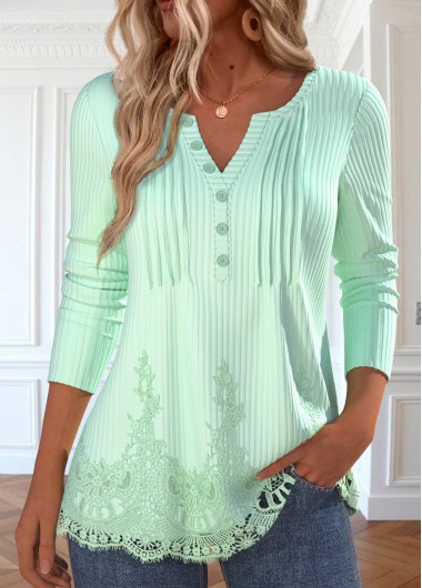 Modlily Light Green Patchwork Long Sleeve Split Neck T Shirt - L