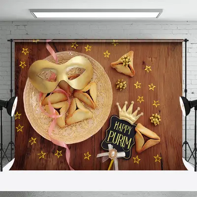 Hamantashen Mask Stars Wooden Happy Purim Backdrop - Aperturee