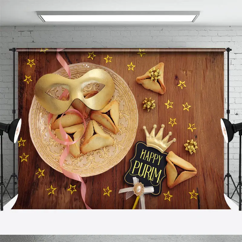 Hamantashen Mask Stars Wooden Happy Purim Backdrop - Aperturee