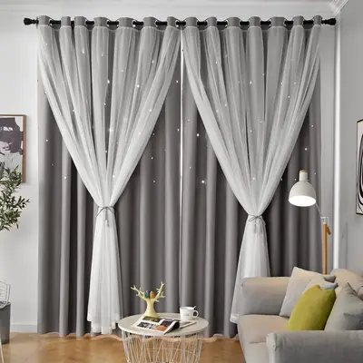 Star Pattern Double Layer Curtain, Modern Simple Blackout Curtain, Window Drapes for Home Living Room Bedroom Decor