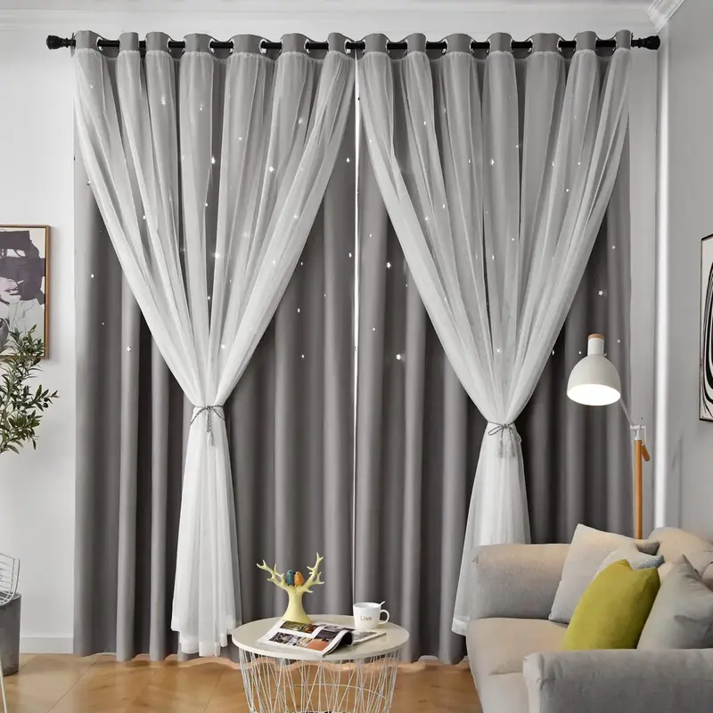 Star Pattern Double Layer Curtain, Modern Simple Blackout Curtain, Window Drapes for Home Living Room Bedroom Decor