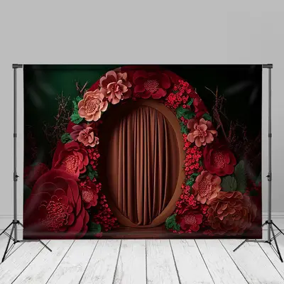 Red Floral Wreath Curtain Portrait Photo Backdrop - Aperturee