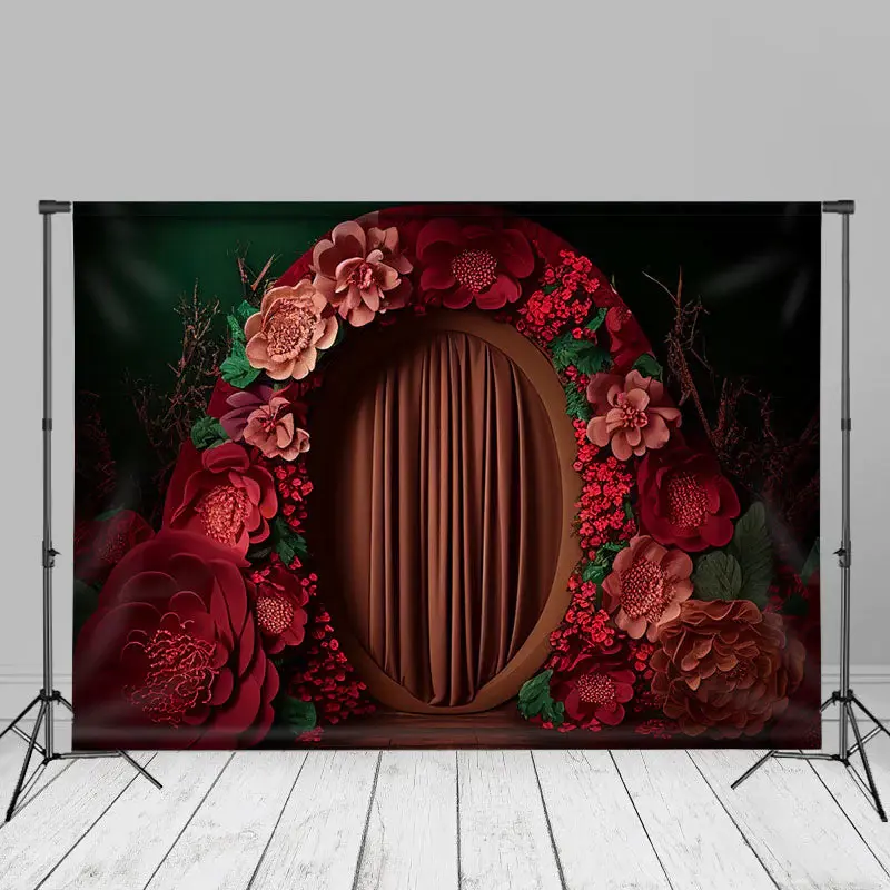 Red Floral Wreath Curtain Portrait Photo Backdrop - Aperturee