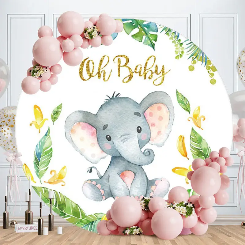 Aperturee Oh Baby Elephant Round Baby Shower Backdrop
