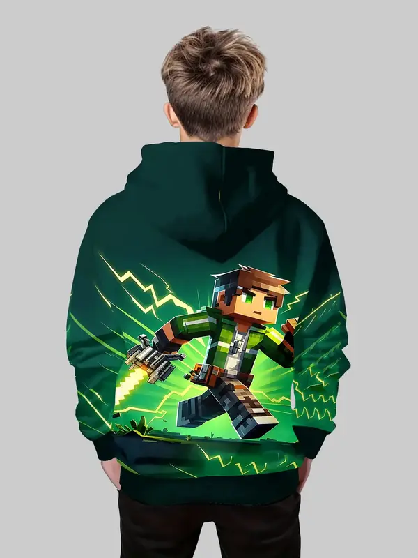 Boys' Fashion 3D Print Hoodie Sweatshirt, Casual Long Sleeve Pullover with Pockets, Stretch Polyester Blend, Ideal for Daily ...