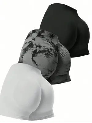 Sporty Women's Plain/Tie Dye Print Ruched High Waist Sports Shorts, Breathable Comfortable Seamless High Stretch Yoga Shorts,...