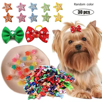 Random Color Cute Bowknot Design Pet Hair Ties, 30pcs/set Pet Hair Accessories for Small Dogs & Cats, Fashion Hair Accessorie...