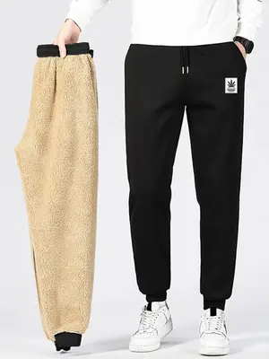 Men's Patched Thermal Pants, Regular Fit Casual Pocket Drawstring Bottoms, Men's Bottoms for Daily Wear