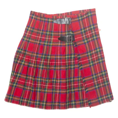 SAMES PRINGLE WEAVERS Belted Womens Pleated Skirt Red Knee Length Wool Plaid M