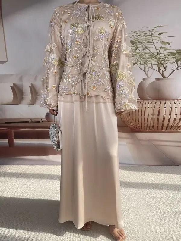 Luxury Women's Floral Beaded Mesh Jacket & Satin Skirt Set, Elegant Two-Layer Outerwear, Perfect for Special Occasions