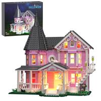 Classic Halloween Pink Mansion Building Blocks Set with LED Lighting, Piano Room, Kitchen, Attic, Bedroom, Living Room Includ...
