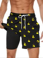 Men's Cartoon Duck Print 2 in 1 Drawstring Beach Shorts, Casual Pocket Swim Shorts for Beach Vacation, Men's Swimwear for All...