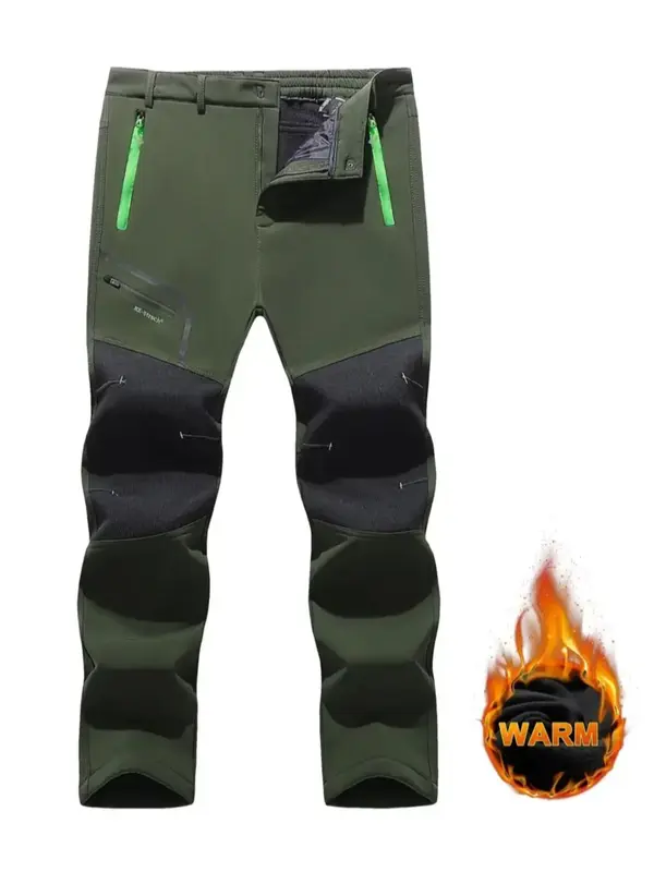 Men's Colorblock Pocket Zipper Fly Thermal Lined  Pants, Regular Fit Casual Comfy Elastic Waist Warm Trousers for Outdoor Hik...