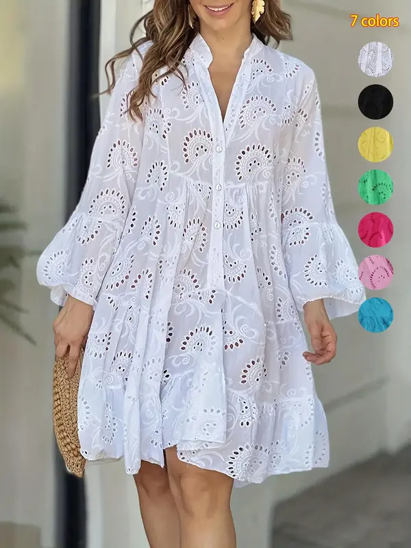 Plain Eyelet Embroidery Notched Neck Smock Dress, Elegant Flounce Sleeve Button Dress for Vacation Holiday, Women's Clothes f...