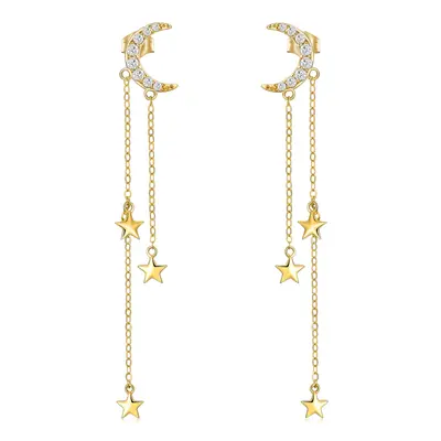 14K Gold Circular Shaped Cubic Zirconia Moon & Star Drop Earrings