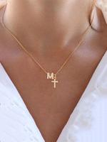 Rhinestone Letter & Cross Pendant Necklace, Gifts for Her, Stainless Steel Chain Gold Pendant Necklace for Women for Gift, Fa...