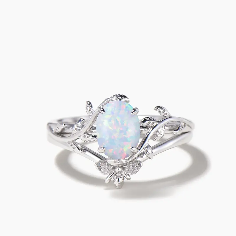 Nature Inspired 1.5ct Oval Cut White Opal Solitaire Ring Bee Wedding Band