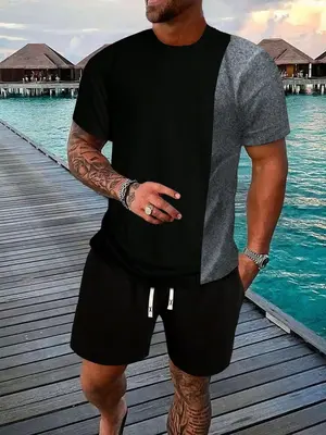 Two-Piece Set Men's Colorblock Print Co-ord Set, Regular Fit Streetwear Crew Neck Short Sleeve T-shirt & Drawstring Pocket S...