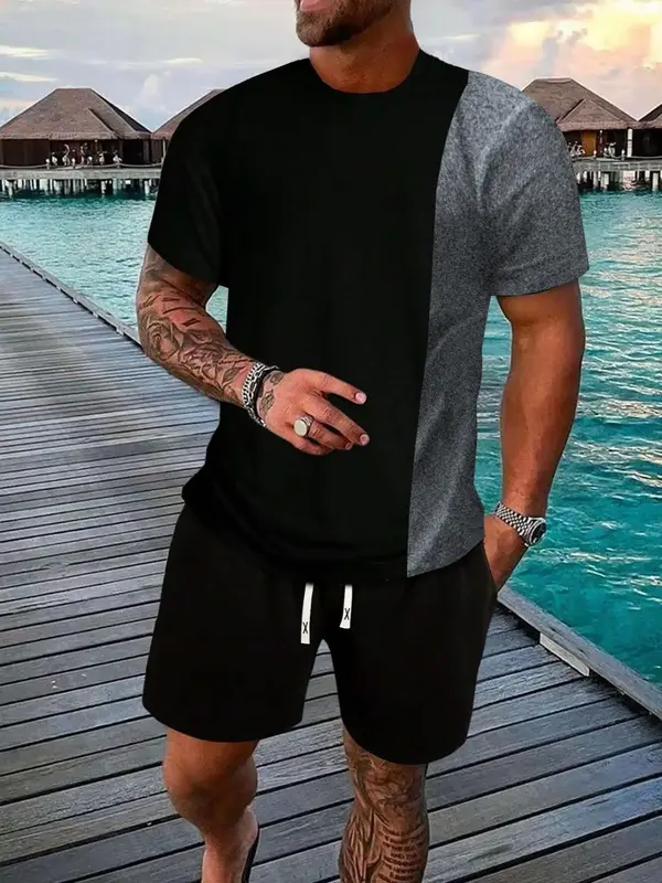 Two-Piece Set Men's Colorblock Print Co-ord Set, Regular Fit Streetwear Crew Neck Short Sleeve T-shirt & Drawstring Pocket S...