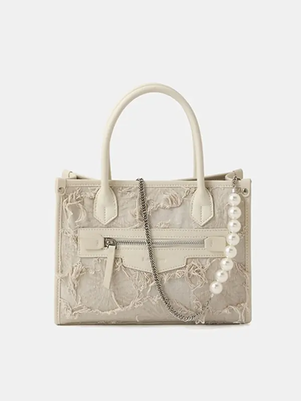 Smting top handle pearl chain tote bag