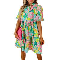 Mntaor Womens Boho Green Floral Puff Sleeve Collar Buttoned Babydoll Dress Loose Fit Mini Sundress Casual Summer Style - Comf...