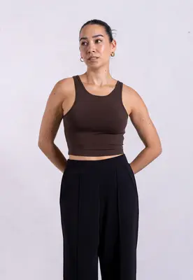 Organic Cotton High-Neck Cropped Tank, Hot Fudge | Size: L