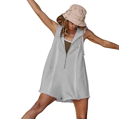 Short Half Zipper Sports jumpsuit for Fitness Outdoor Leisure Sleeveless Loose Hoodie for Women