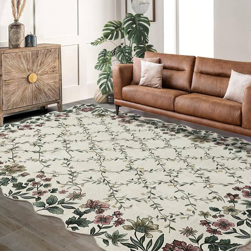 Garvee Floral Irregular Edge Carpet Non Slip Washable Boho Vintage Entry Rug 9x12ft Beige