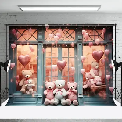 Aperturee Pink Balloons Bear Toy Store Valentines Day Backdrop, 3X2FT(1MX0.6M), 14 USD, valentines day backdrops, NYHD1I93-M