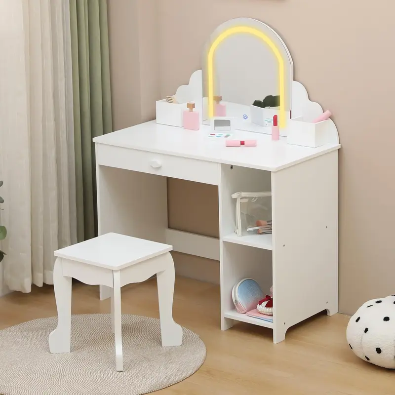 Garvee Kids Vanity with Lighted Mirror & Stool, 2 In 1 Little Girls Vanity and Wooden Makeup Playset with Adjustable LED Ligh...