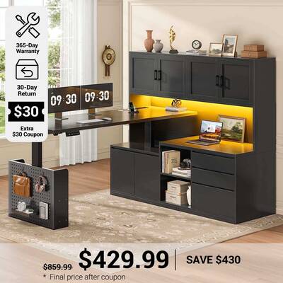 SEDETA | 55.1 Inch Adjustable Height Standing Desk with 3 Drawers Power Outlet L Shaped Electric Standing Desk with Hutch Sto...