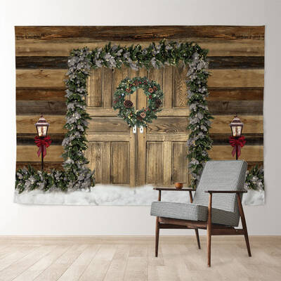 Aperturee Pine Wreath Wooden Board Wall Christmas Backdrop
