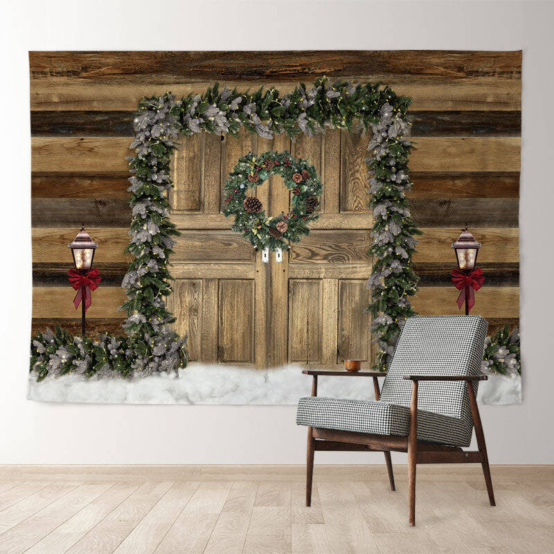 Aperturee Pine Wreath Wooden Board Wall Christmas Backdrop