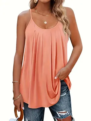 ćPlus SizećPlain Plicated Scoop Neck Cami Top, Casual Adjustable Spaghetti Strap Top for Summer, Summer Outfits 2024, Wom...
