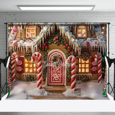 Aperturee Snowy Colorful Gingerbread House Christmas Backdrop | Winter Wonderland Backdrop | Christmas Photoshoot Backgrounds...