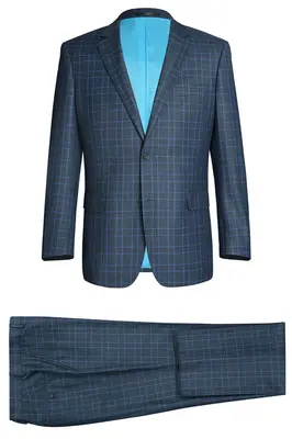 Blue Windowpane Plaid Check Men's Two-Button Classic Fit Suit