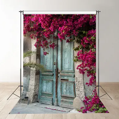 Old Wooden Door And Floral Wall Photo Booth Backdrop - Aperturee