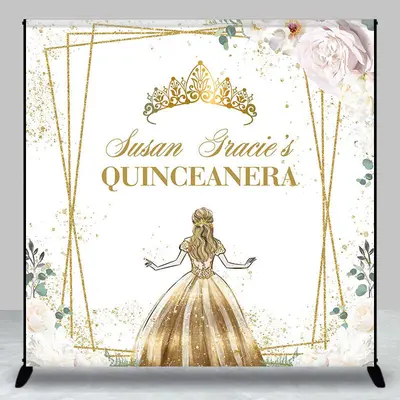 Aperturee Floral Gold Crown Custom Name Quinceanera Backdrop | Happy Birthday Backdrop | Custom Cake Smash Backdrop | Backdro...