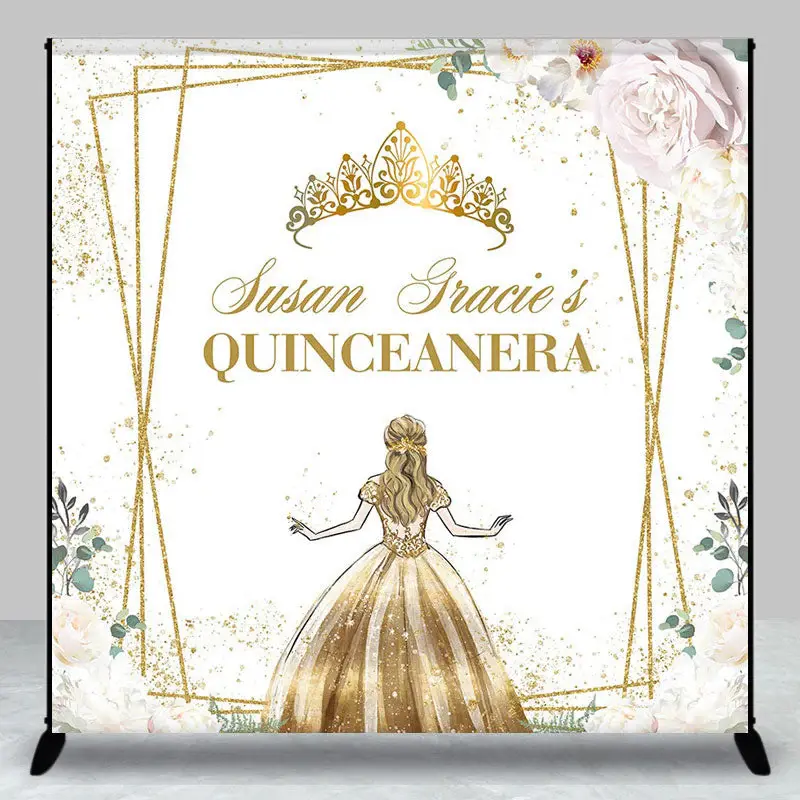 Aperturee Floral Gold Crown Custom Name Quinceanera Backdrop | Happy Birthday Backdrop | Custom Cake Smash Backdrop | Backdro...