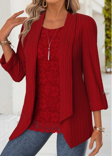 Modlily Red Tummy Coverage Long Sleeve Square Neck Blouse - L
