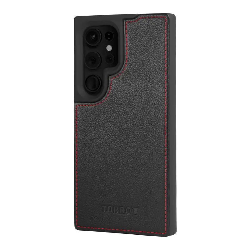 Samsung Galaxy S24 Ultra Leather Bumper Case - Black with Red Detail