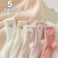 5 Pairs Heart Embroidery Socks, Cute & Warm Fluffy Thick  Socks  Women's Stockings &Hosiery Soft Ankle Socks Fit Fuzzy Stretc...
