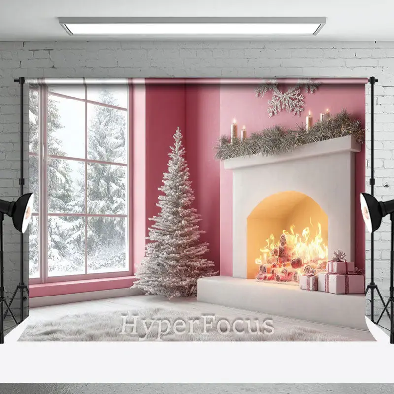 Pink Fireplace Window Snow Forest Christmas Backdrop - Aperturee